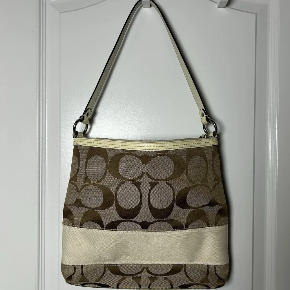 Coach 2009 Signature Khaki Monogram Print White Leather Trim Hobo Shoulder Bag